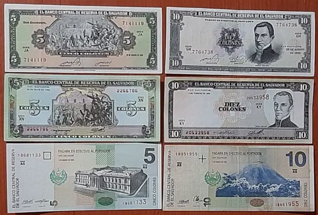El Salvador 6 Banknotes 3 Pares Of Different Design In 5+10 Colones