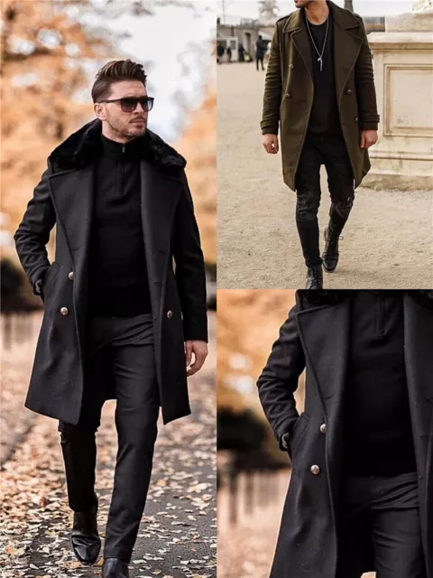 Winter Mens Slim Trench Coat Double-Breasted Peacoat Long Suit Jacket Thick Wool