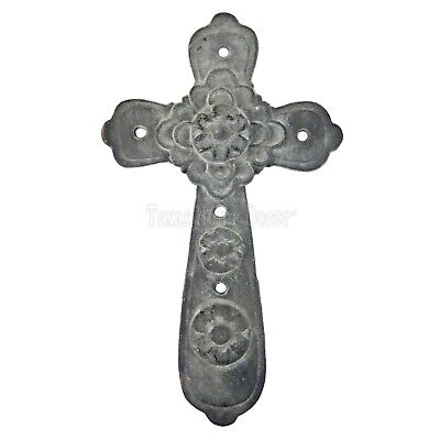 Small Flower Wall Cross Cast Iron Rustic Gray Finish Antique Style 8 x 4.5 inch