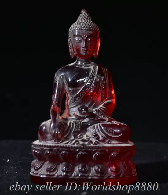 5.2" Old Chinese Red Amber Carved Shakyamuni Amitabha Buddha Statue Sculpture