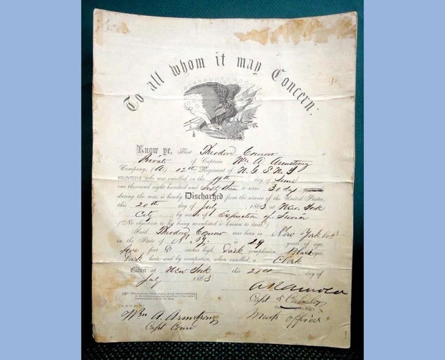1863 antique original CIVIL WAR N.G. state New York Discharge Document T CONROW