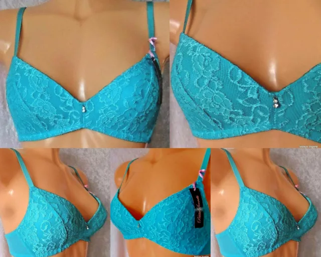 LADIES LACE BRA Turquoise Lightly Padded Moulded Diamante Trim 32A 34A 36A  36B £7.00 - PicClick UK