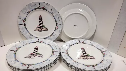 (4) Totally Today Coastal Lighthouse Dinner Plates 10 5/8" - Nautical Theme