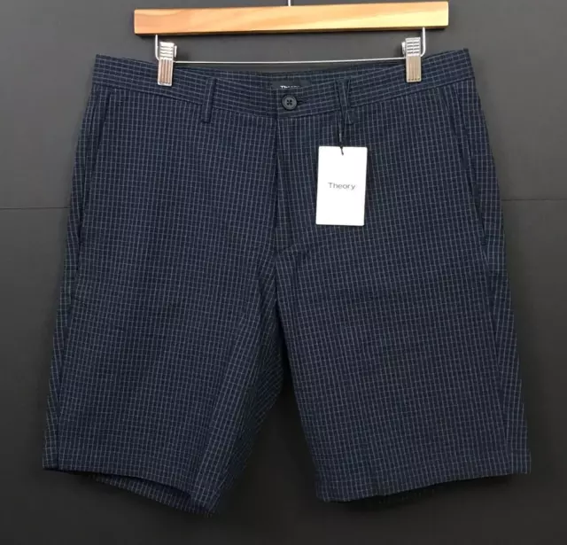 NWT Theory Men's Zaine Eclipse Multi Grid Texture Flat Front Shorts Size 33