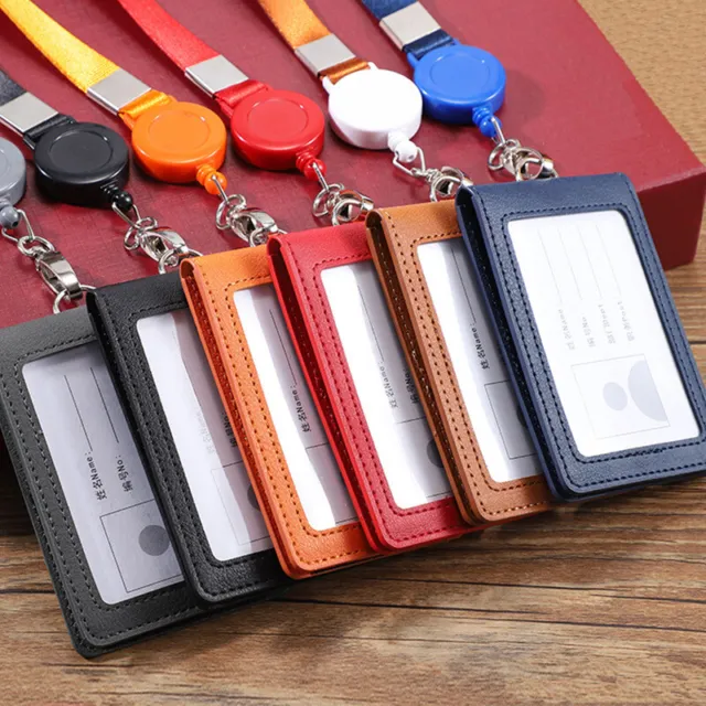 ID Badge Card Holder Pu Leather Clip Neck Strap Retractable Lanyard 2-Slots Case