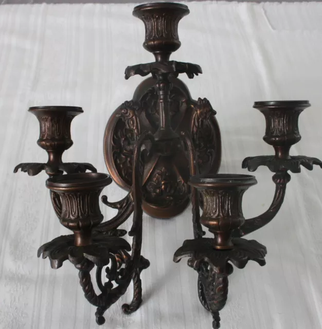 Antique Ornate 19th Century Heavy Cast Bronze 5 Candle Wall Sconce