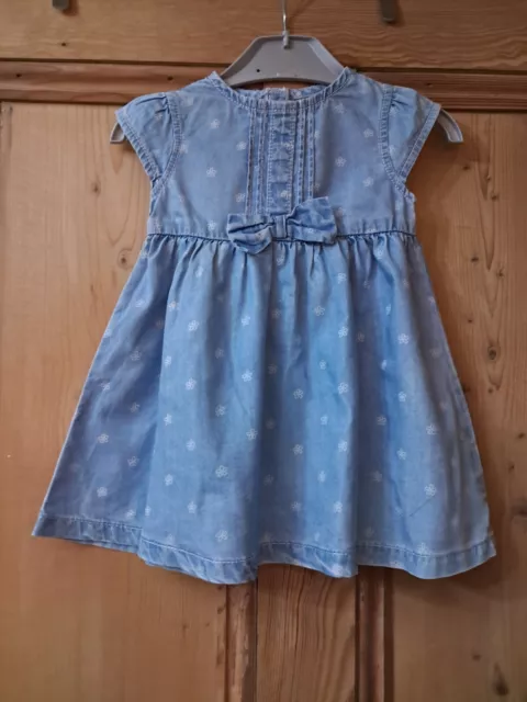 George Baby Girls Pale Blue Denim Tea Dress White Flower Print Age 3-6 Months