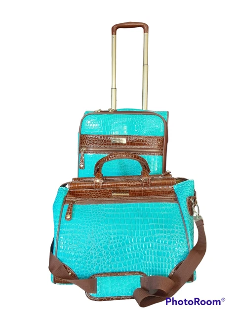 Samantha Brown 2 Pc Set Embossed Croc 22" Upright Spinner & Hand Carry Bag Aqua