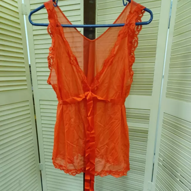 Vintage Sears Sheer Nylon Cami Teddy Top With Lace And Ribbon Belt Red