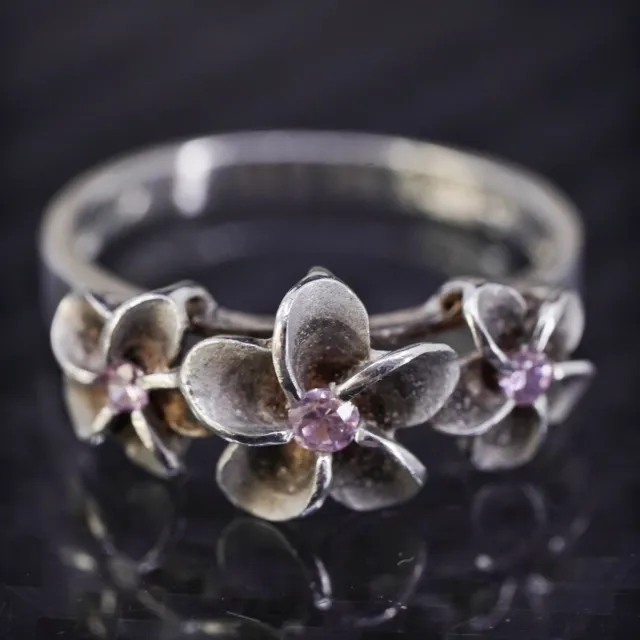 size 7, southwestern sterling silver 925 plumeria flower ring with pink cz