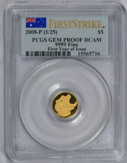 2008 P Australia Gold Koala $5 PCGS Gem Proof DCAM First Strike 1/25 Oz .9999