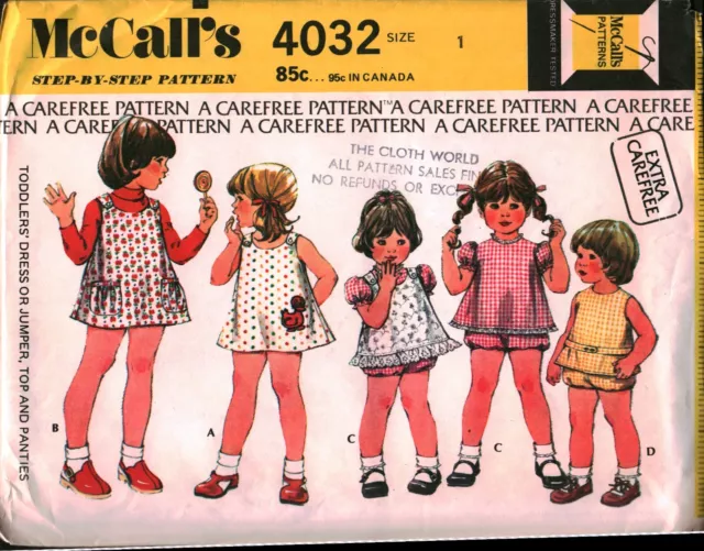 4032 Vintage McCalls SEWING Pattern Girls 1970s Dress Jumper Top Panties UNCUT 1