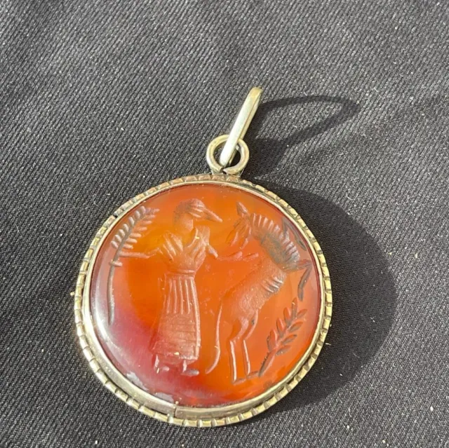 Beautiful Old Carnelian Intaglio Agate Stone Brass Amulet Pendant