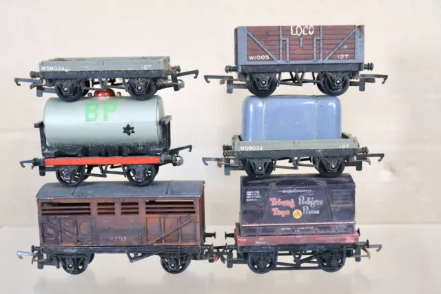 TRIANG HORNBY RAKE of 6 BR CONTAINER CATTLE SHELL TANK & OPEN WAGON oa