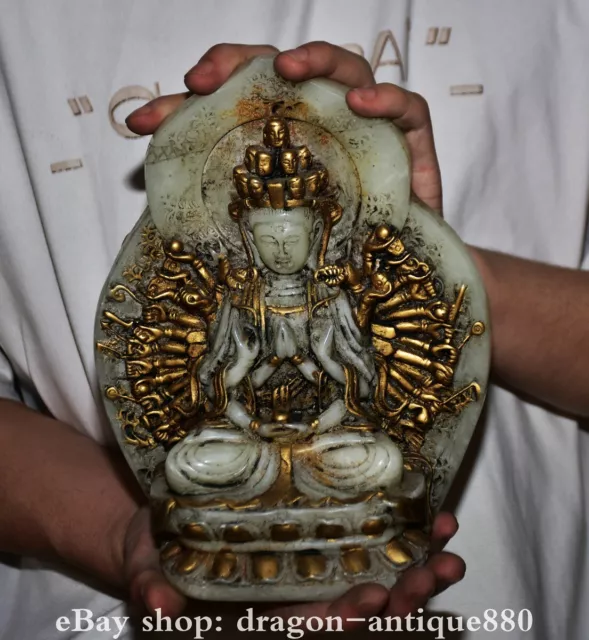 8.8" Old Chinese White Jade Gild Carved 1000 Arms Avalokiteshvara Goddess Statue
