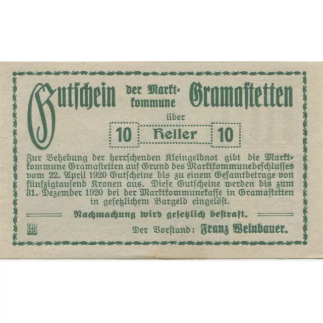 [#283631] Banknote, Austria, Gramastetten, 10 Heller, ruine, 1920, UNC Mehl:F