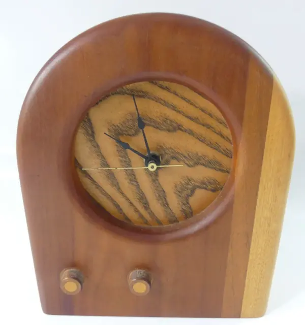 Hand Made Signed 1989 Mantle Clock Modernist Design Made in Vermont Inlaid Wood