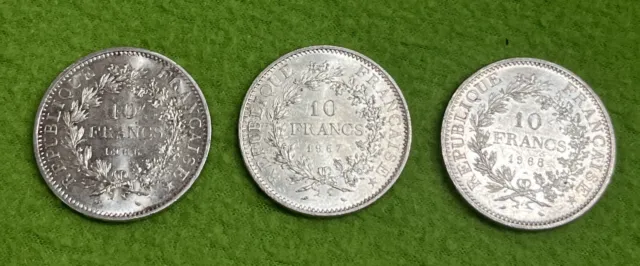 Lot De Trois Pieces De 10 Francs Hercule En Argent 1966/1967/1968