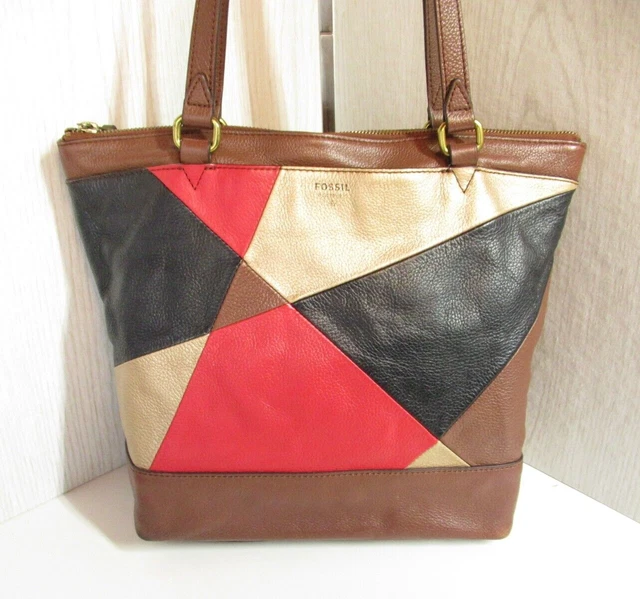Fossil Multicolored Large Leather Shoulder Bag Red Brown Black