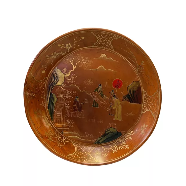 Chinoiseries Golden Graphic Brown Lacquer Round Display Disc Plate Tray ws3390S Chinoiseries Golden Graphic Brown Lacquer Round Display Disc Plate Tray ws3390S