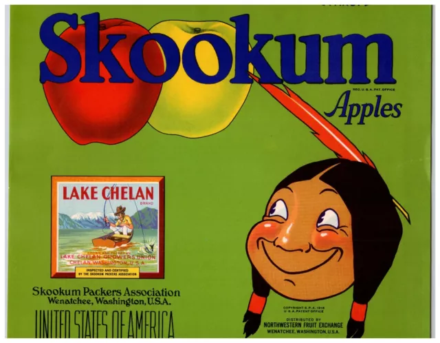 Vintage 1940s Skookum Aoples Lake Chelan Inset Green Crate Label Wenatchee WA