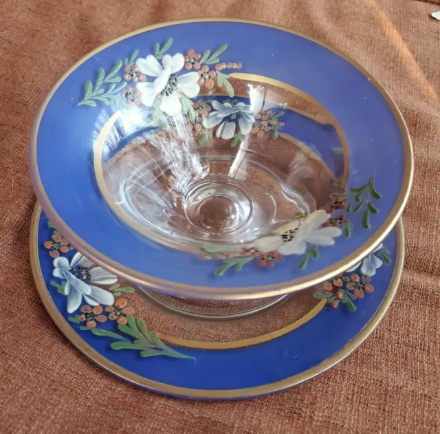 Vintage Frosted Glass Plate & Serving Bowl, Hand-Painted Floral Pattern