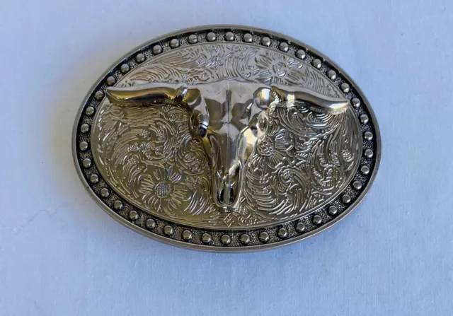 BULL SKULL Texas Longhorn Western Rodeo Metal Silver Cowboy Studded Belt Buckle