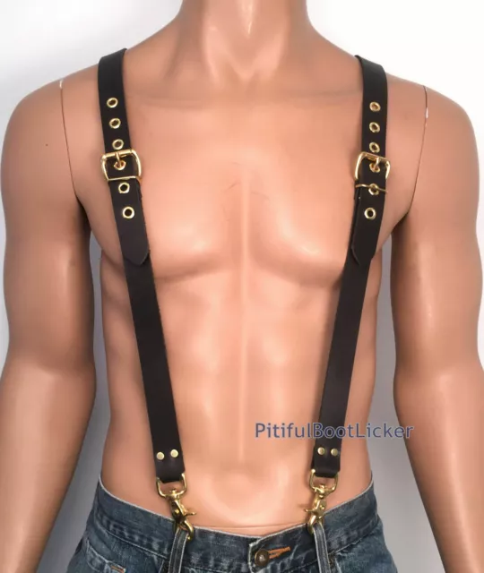 LEATHER SUSPENDERS BRACES Black COWHIDE LEATHER Biker Hand Crafted A.U. 5 sizes