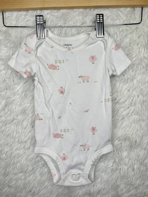 Carters One Piece Bodysuit Baby Girls Size 6 Month Short Sleeve White/Pink Sheep