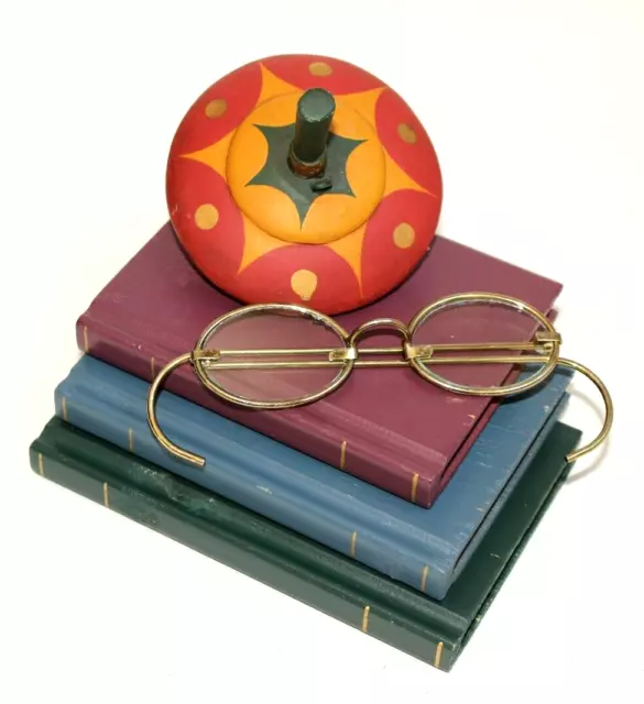 Wooden Decor Set Wooden Spinning Top Toy 3 Wood Books Metal Framed Glasses VTG