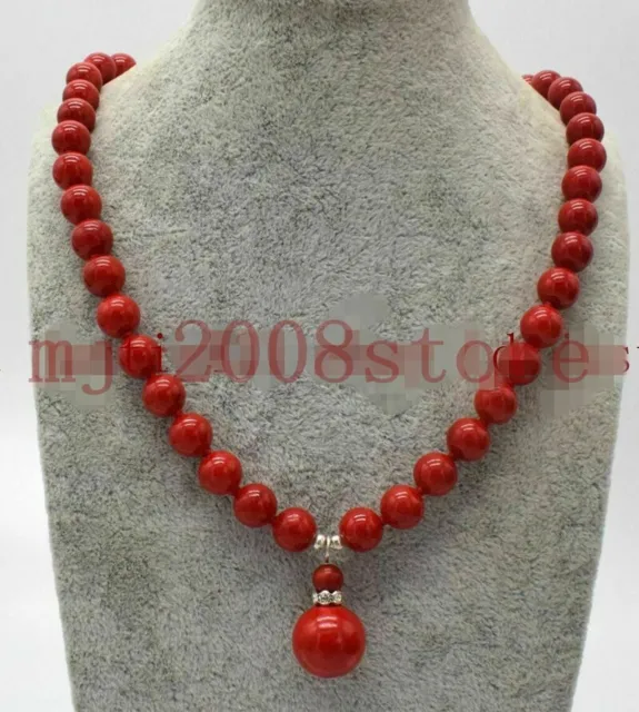 16"18" 20"22" 24"  8mm Red Coral Round Gemstone Beads 12mm Pendant Necklace