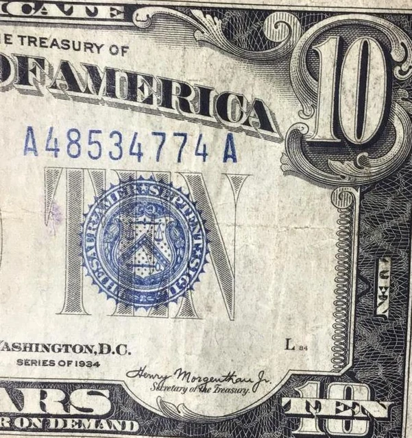 1934 $10 "Blue TEN" SILVER Certificate X4774! Paper Money Currency! FINE!