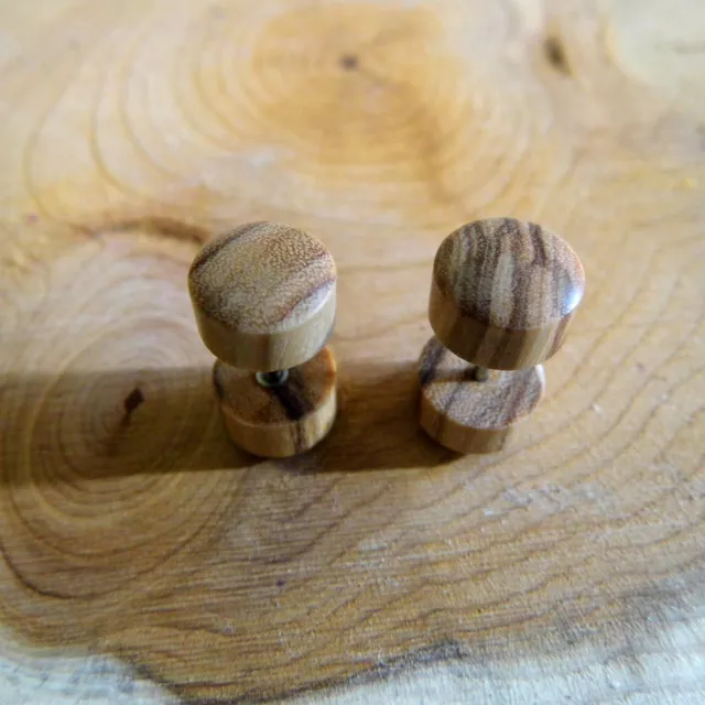 PAIR OLIVE WOOD STUDS EARRINGS Men Women Organic Wooden Small Faux Plug HANDMADE