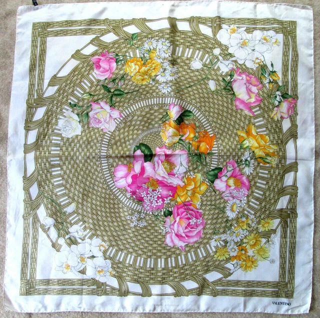 Foulard Carré VALENTINO En Soie 100% - Vintage 87x87 Cm - Marron - Made In Italy - Occasion Comme Neuf