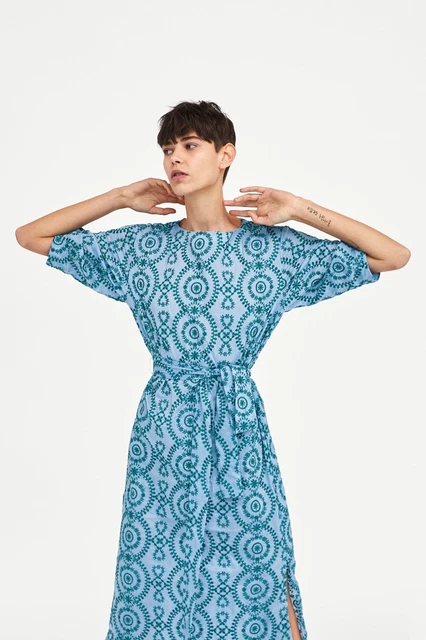 NEW ZARA WOMAN Embroidered Mid Sky Blue Tunic Dress SMALL 69.99 PicClick UK