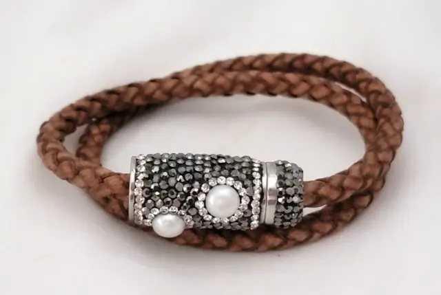 Braided Leather Pave Crystal Real Pearls Magnetic Wrap Bracelet 14" TL