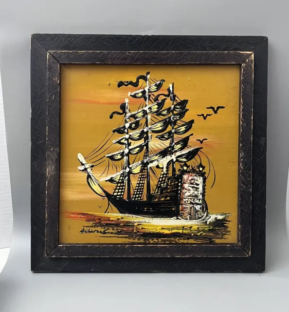 VTG MCM Ashbrook Oil Painting Old Clipper Ship Carved Wood Frame Square 15"