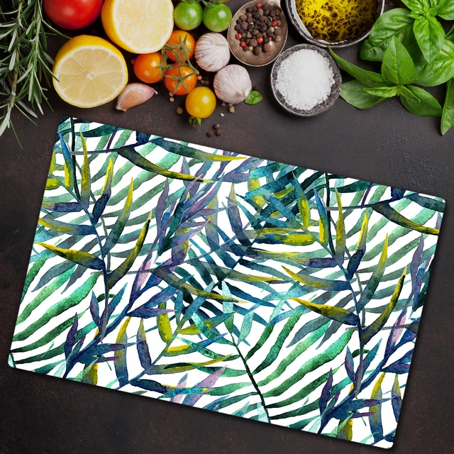 2 Planches à Découper En Verre Trempé - Motif Feuilles De Fougère Bleue (40x52 Cm)