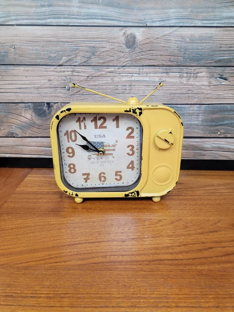 mustard Metal vintage TV style Decorative standing clock.  works