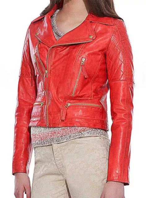 Donna Giacca di pelle da Biker Slim Fit Colletto Originale D'Agnello Rossa