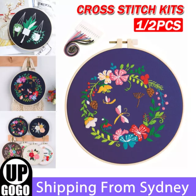 Flowers Pattern Embroidery Kits Craft Beginner Needlepoint Hoop Cross Stitch Set