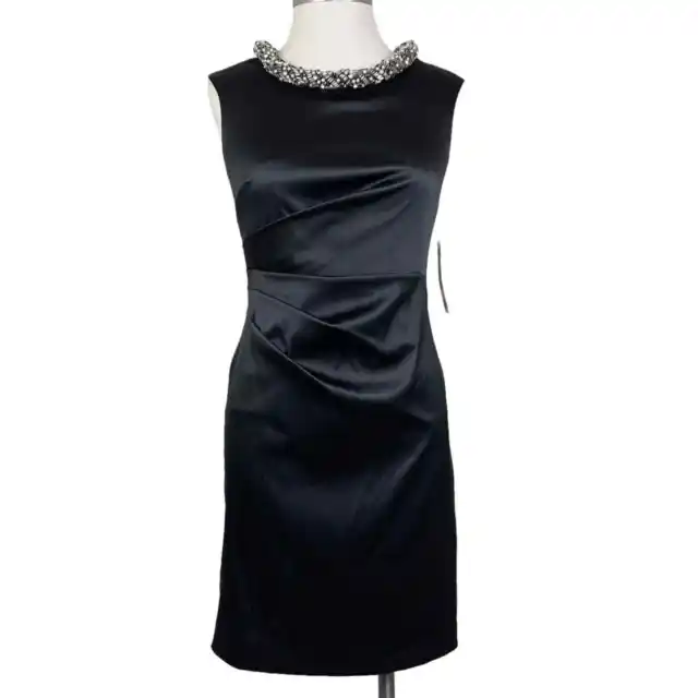 Eliza J Womens Jeweled Dress Size 4 Black Satin Sheath Gathered Draped Waist