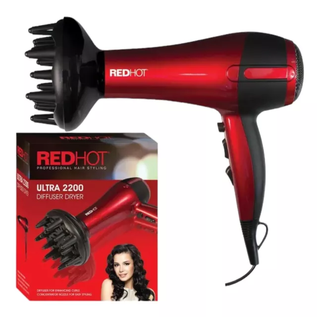 2200W Red Hot Professional Style Hair Dryer w/ Diffuser & Nozzle Salon StylerPro