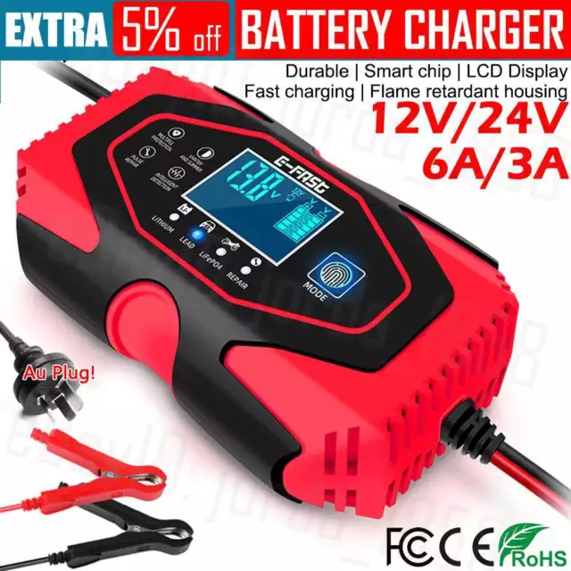 12V/24V Car Battery Charger Lead-acid AGM GEL&Lithium LiFePO4 Battery Repair AU