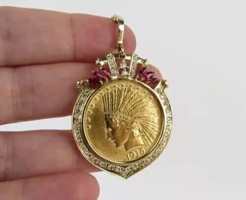 1915 US Ten Dollar Indian Head Lab Created Ruby Coin Pendant 14k Yellow Gold FN