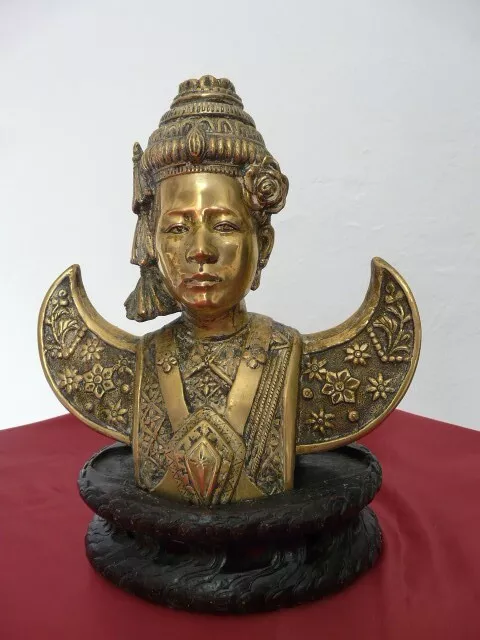 Buste Statue Ancienne Bronze Sur Son Socle Bois Indochine Laos Vietnam Cambodge