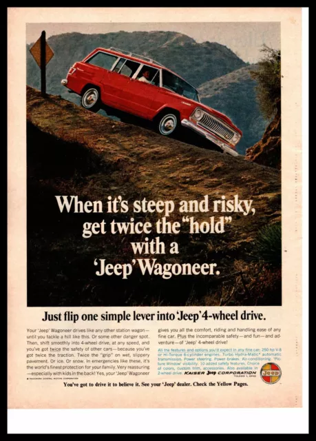 1966 Jeep Wagoneer "When It's Steep & Risky Get Twice The Hold" Kaiser Print Ad
