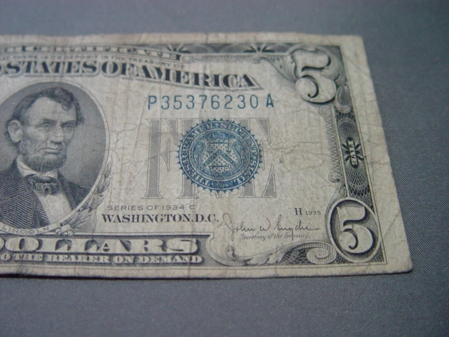 1934 C Five Dollar Silver Certificate With A Blue Seal From Washington, D.c. 3