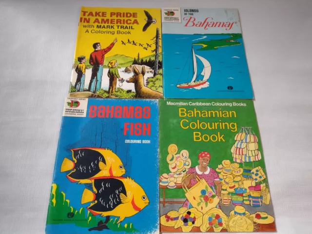 UNUSED Vintage 1980's COLORING BOOK LOT of 4 Bahamas, Fish & Mark Trail