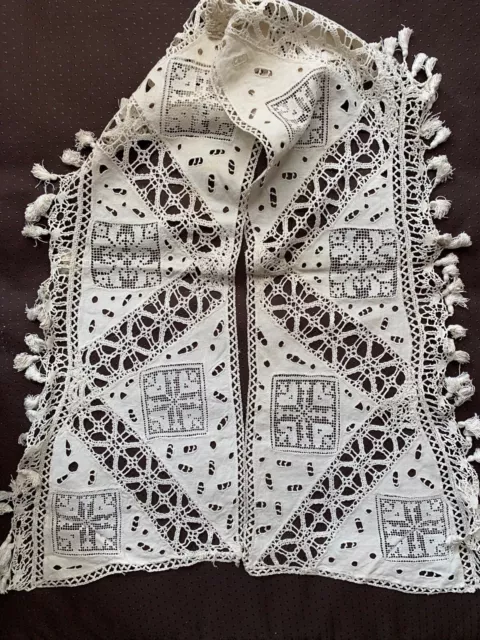 Lovely Antique Edwardian fireplace top cover -Hand embroidery, bobbin lace 120cm